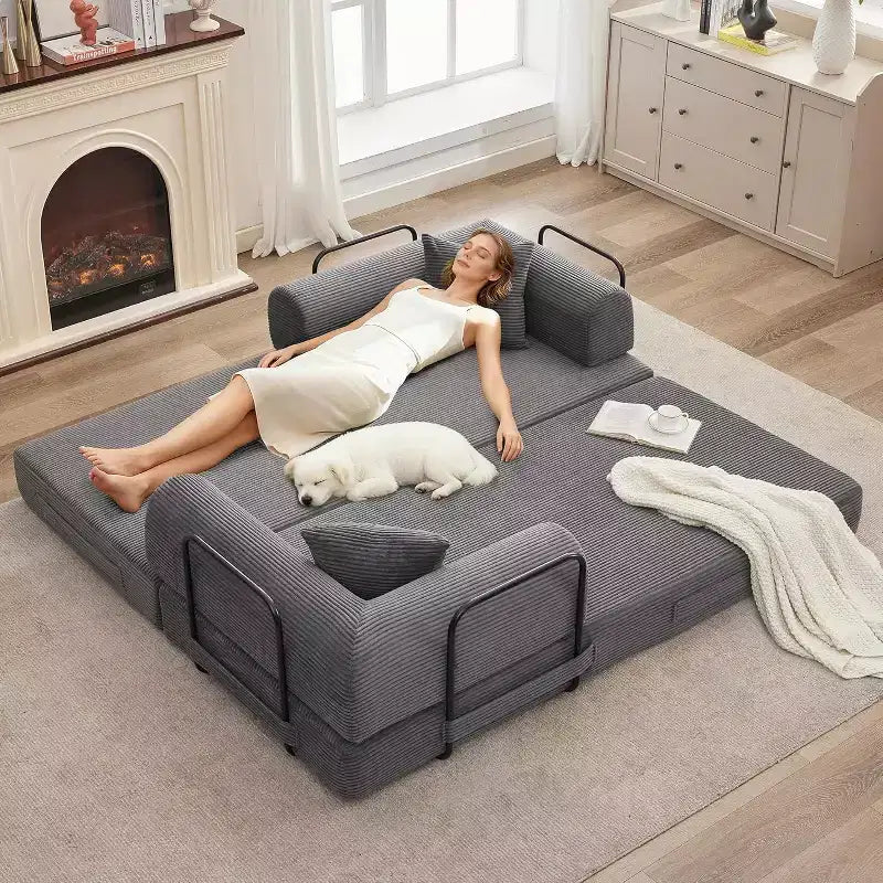 2-in-1-Schlafsofa, bequemes Klappsofa aus Cord mit tiefer Sitzfläche und breiten Armlehnen, Sofa ohne Gestell, für Wohnzimmer und Wohnungen