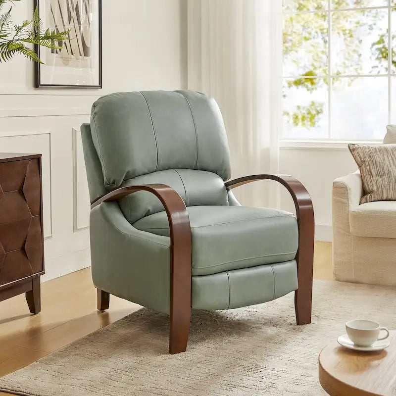 Fauteuil inclinable manuel Alex, style moderne du milieu du siècle, en cuir véritable coloris cigare, avec accoudoirs incurvés en bois