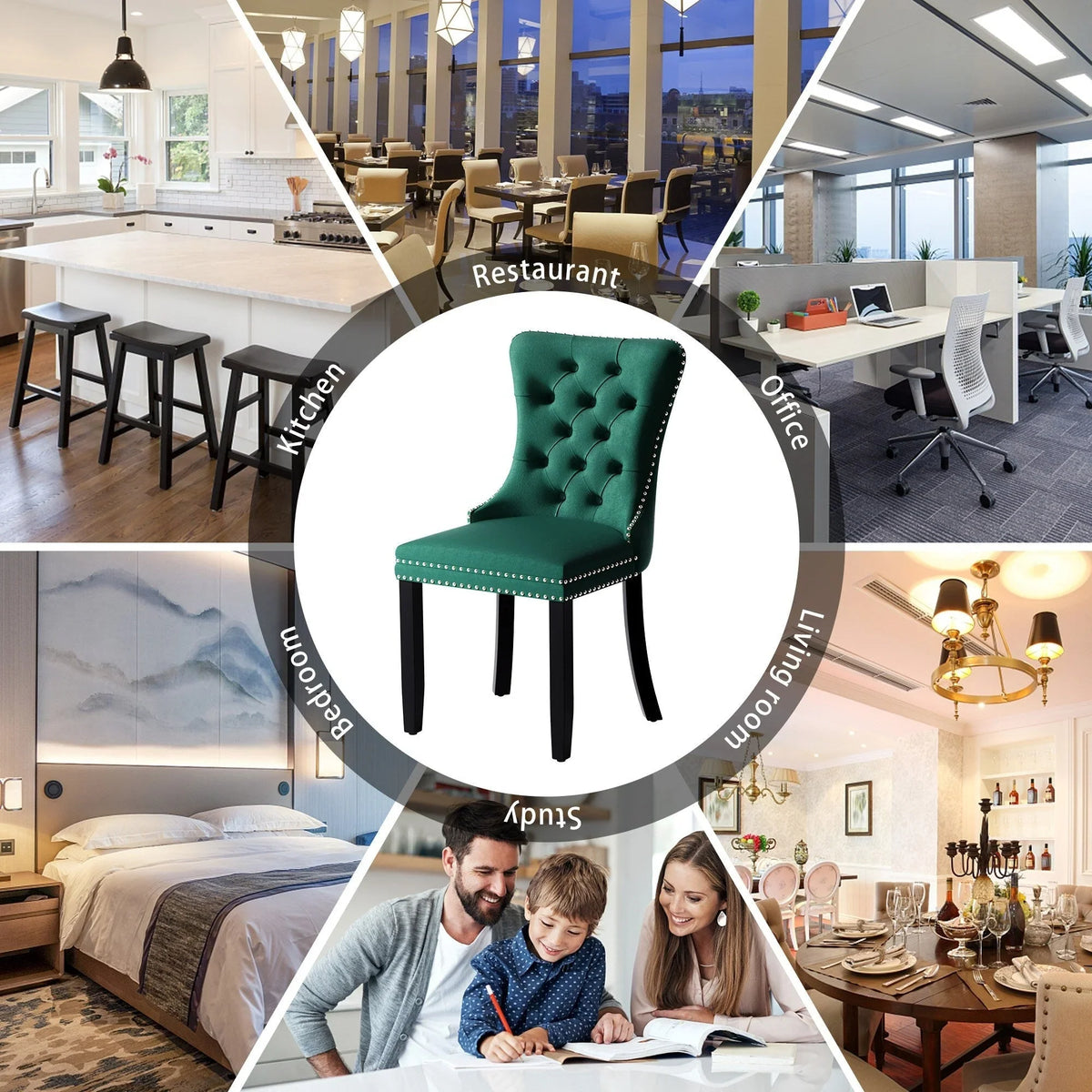 Lot de 6 chaises de salle à manger capitonnées en velours avec pieds en bois massif