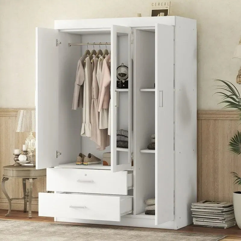 Armoire à 3 portes miroir avec étagères et 2 tiroirs