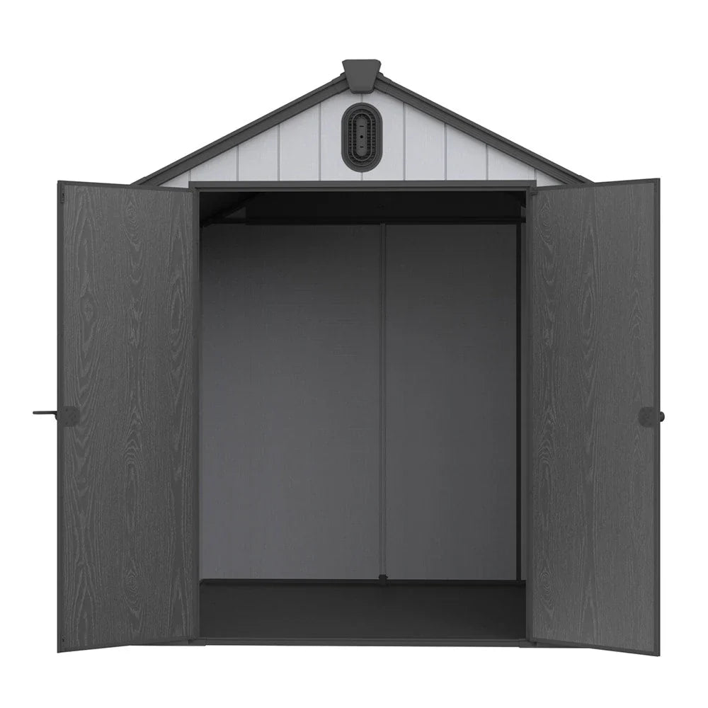 6 ft x 4 ft/6 ft x 8 ft/8 ft x 6 ft/8 ft x 10 ft kunststof opbergschuur voor buiten van weerbestendig hars met vloer, Spire-gereedschapsschuur