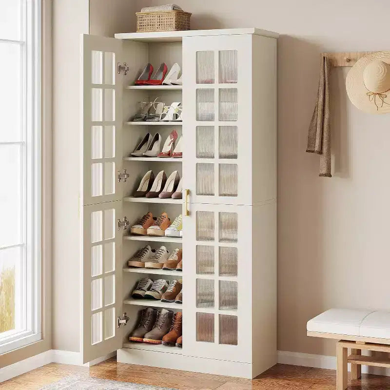 Meuble à chaussures haut Lantine avec portes, meuble de rangement à chaussures à 8 niveaux avec étagères réglables, meuble à chaussures moderne pour entrée, placard et salon, blanc