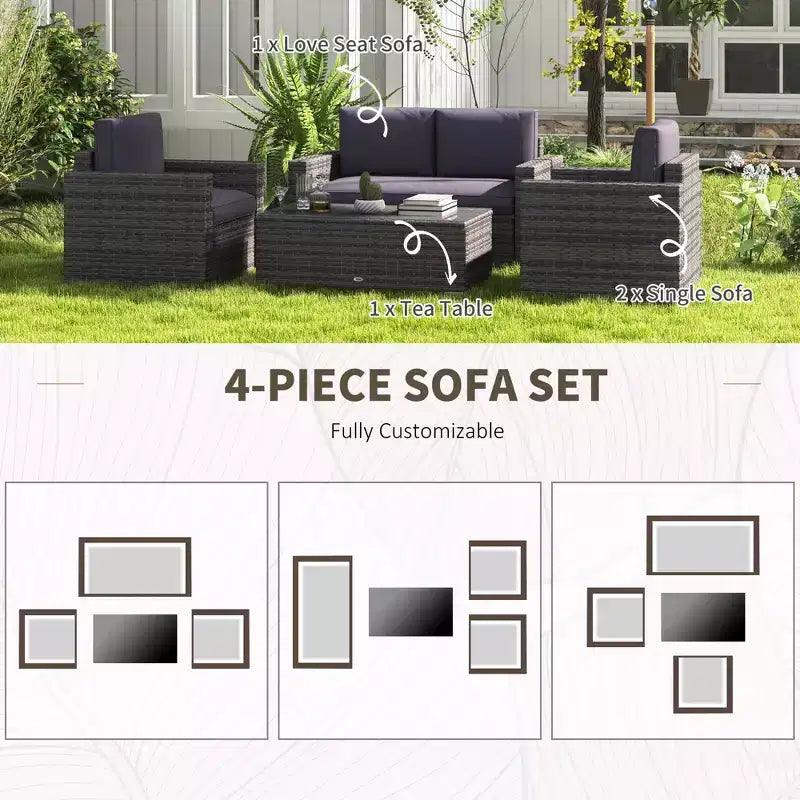 4-delige tuinset van rotan, loungeset van vlechtwerk met loveseat, stoelen en salontafel met glazen blad voor buiten