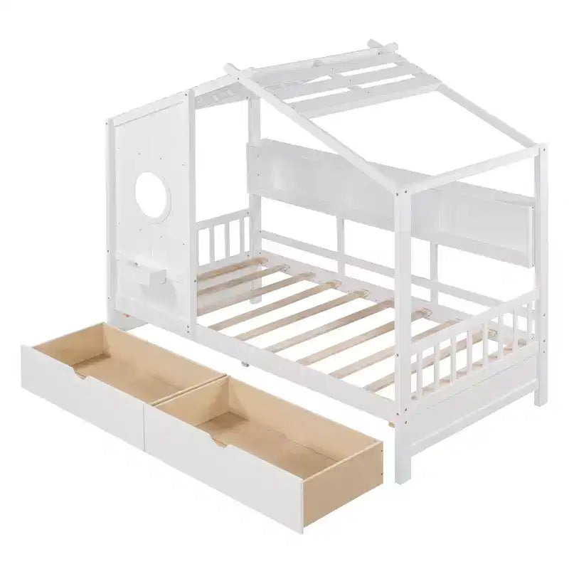 Holzhausbett in Twin-/Full-Size mit 2 Schubladen, Kinderbett mit Ablagefach - ModernLuxe