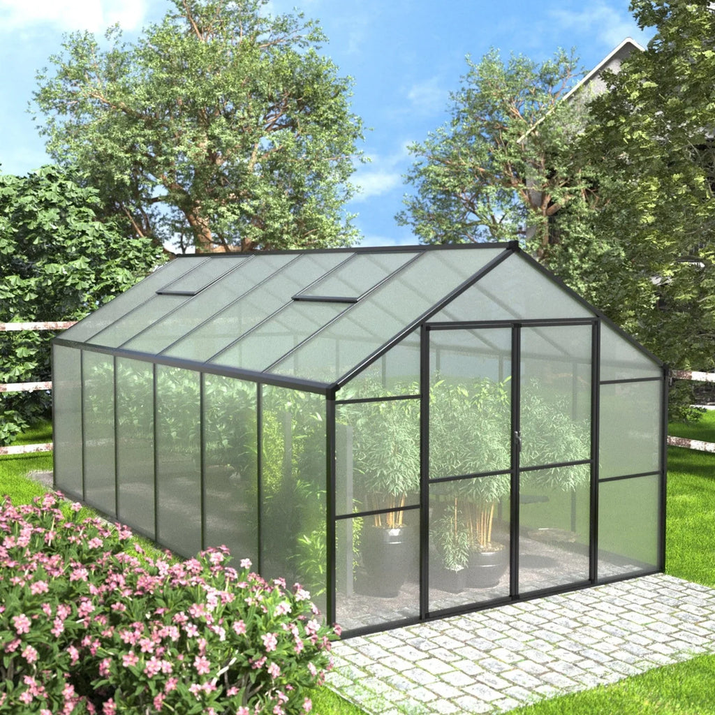 VEIKOUS aluminium tuinkas om in te lopen, met verstelbaar dakraam en afsluitbare deur, grijs