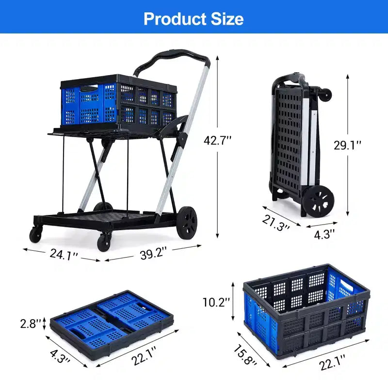 Opvouwbare winkelwagen met 2 niveaus voor boodschappen, draagvermogen van 198 LB, inklapbare boodschappenkar met wielen en afneembare krat voor winkelcentrum en markt, blauw