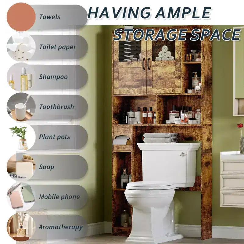 Meuble de rangement au-dessus des toilettes - 67.4 H, rangement de salle de bains de style champêtre avec étagère réglable et porte vitrée, pour salle de bains et buanderie