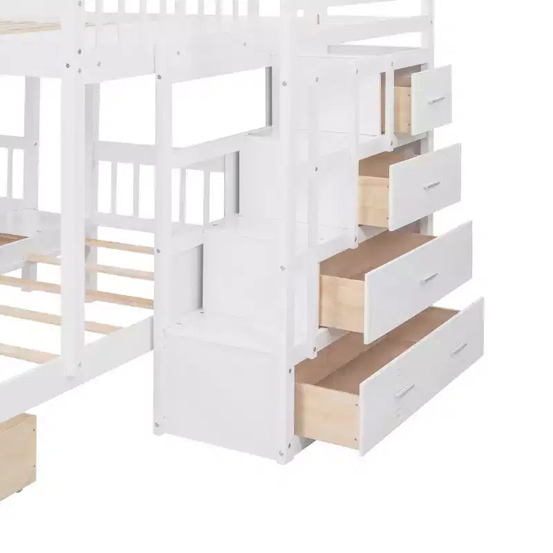 Whisen stapelbed met een twijfelaar boven een eenpersoonsbed en een extra eenpersoonsbed, houten driedubbel stapelbed met laden en valbeveiliging