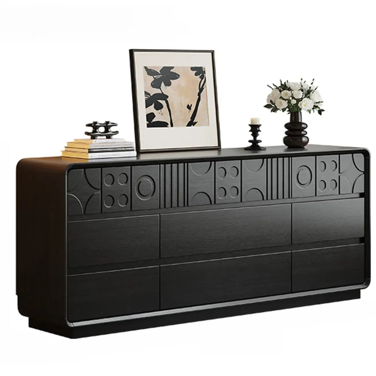 Drewniana komoda inspirowana stylem art déco z geometrycznymi rzeźbieniami