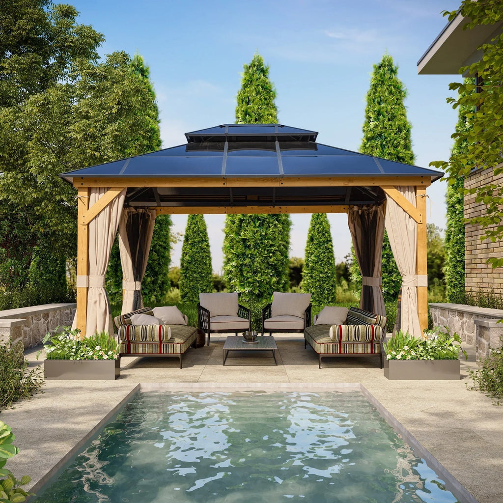 EROMMY Pavillon mit festem Dach, Pergola für den Außenbereich mit Doppeldach, Moskitonetz und Vorhängen, strapazierfähiges Sonnendach für Terrasse, Garten und Poolpartys