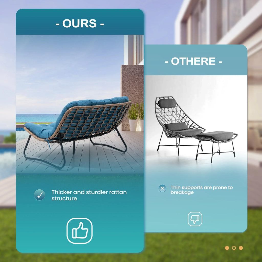Doppel-Papasan-Sofa mit Sitzkissen, wetterfestes PE-Rattan und Metallgestell für Innen- und Außenbereich