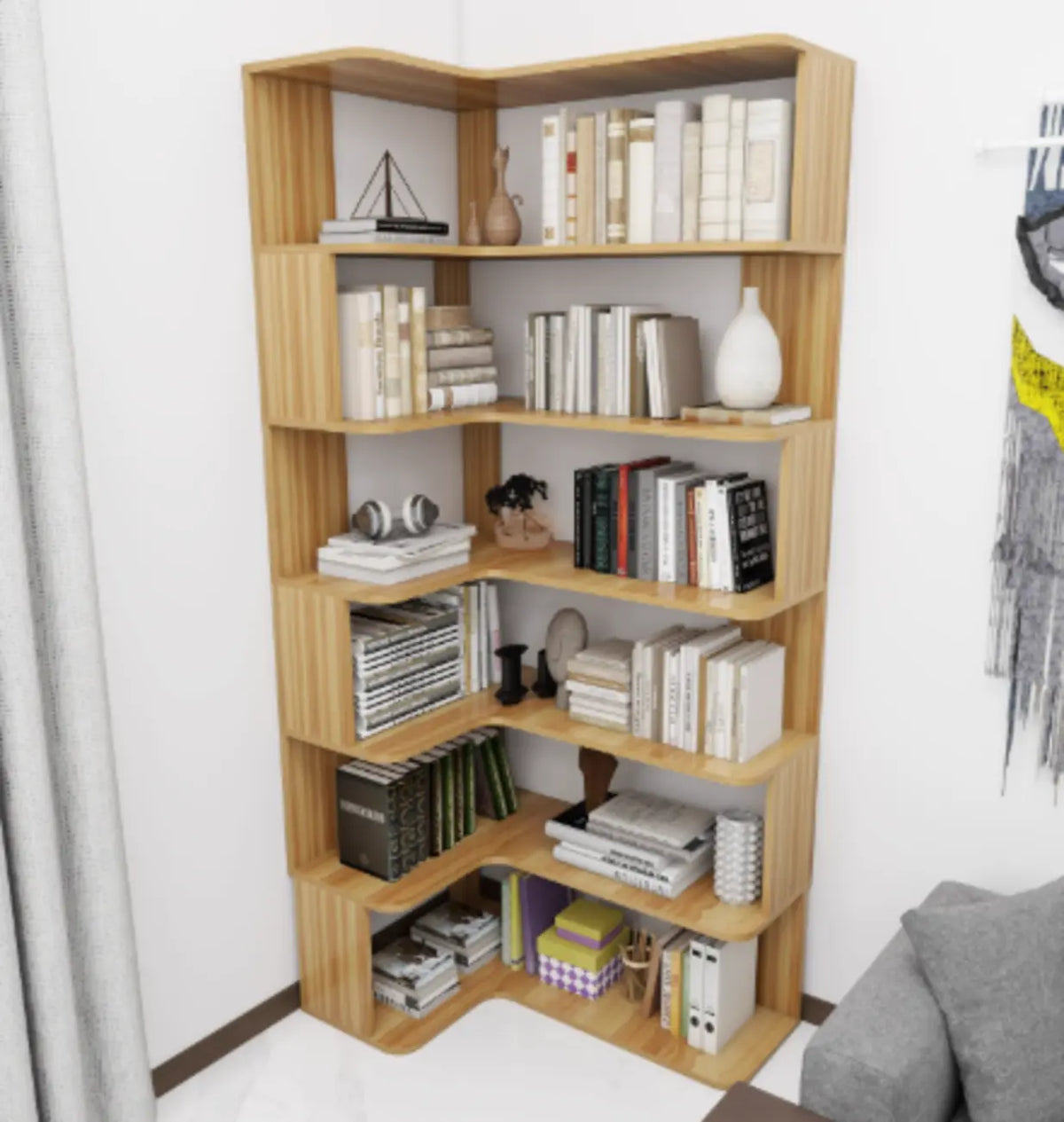 Hoekboekenkast van bewerkt hout met 6 planken