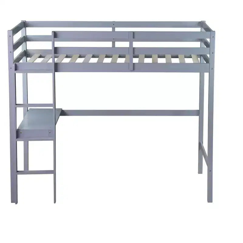 Okak minimalistisches Hochbett mit Leiter, Hochbett für Einzelbettmatratze aus Gummibaumholz mit Sicherheitsgeländer und eingebautem Schreibtisch, Bettgestell für Kinder und Jugendliche