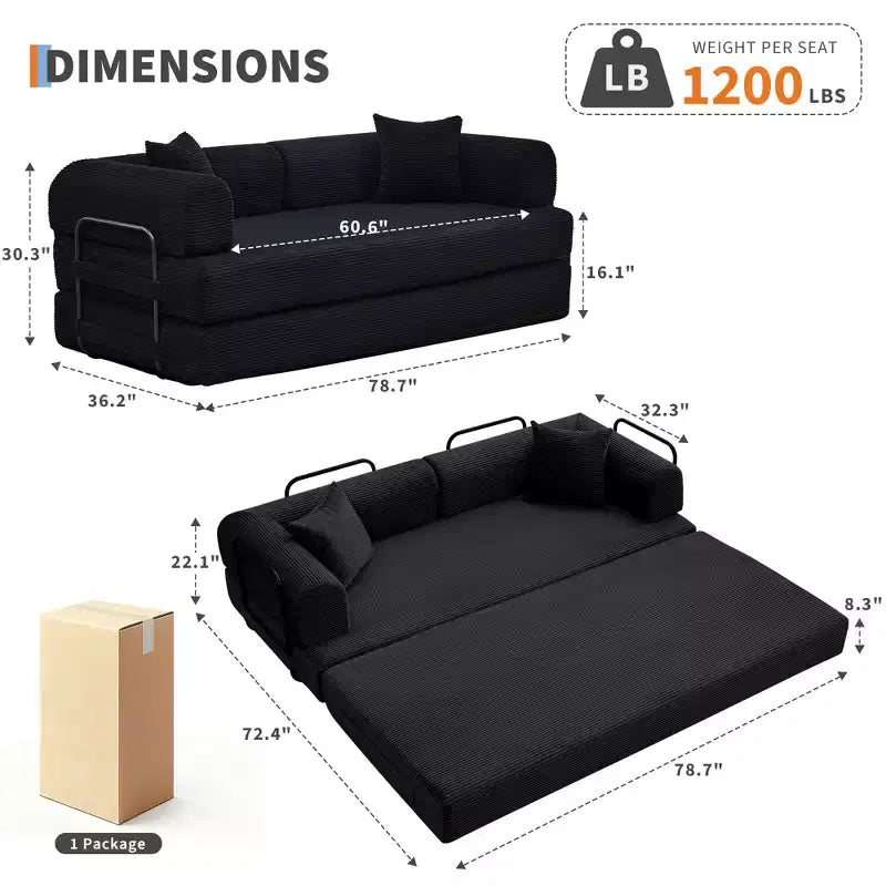 4-in-1-Schlafsofa, 79-Zoll-klappbare Cord-Couch ohne Gestell mit Kissen, ohne Montage, Zweisitzer für kleine Wohnungen