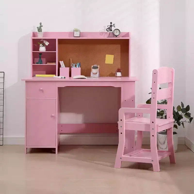 Kinderschreibtisch mit Stuhl für Jungen und Mädchen, hölzerner Kinderschreibtisch mit Bücherregal, Pinnwand, Schrank und Schublade, für Kinder von 3-8 Jahren