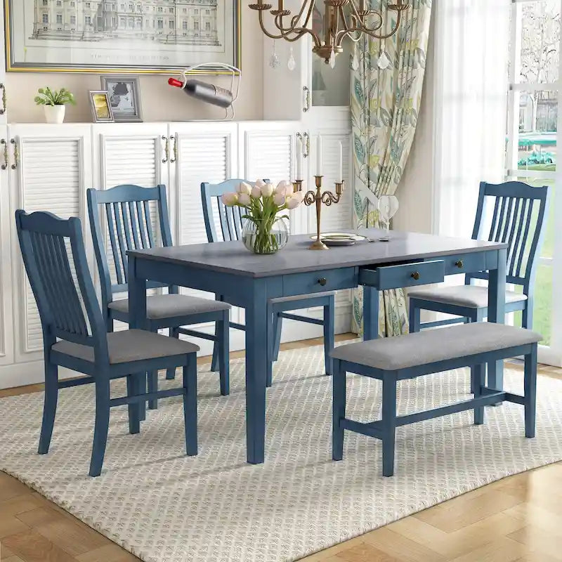 Eetkamerset van hout, 6-delig, met 4 stoelen en een bankje, tafel met lade