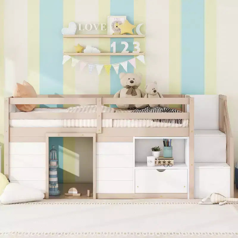 Łóżko typu low loft z litego drewna, rozmiar Twin, 94.6L x 42.3W, ze schodkami, szufladą i półką, nowoczesny i prosty design