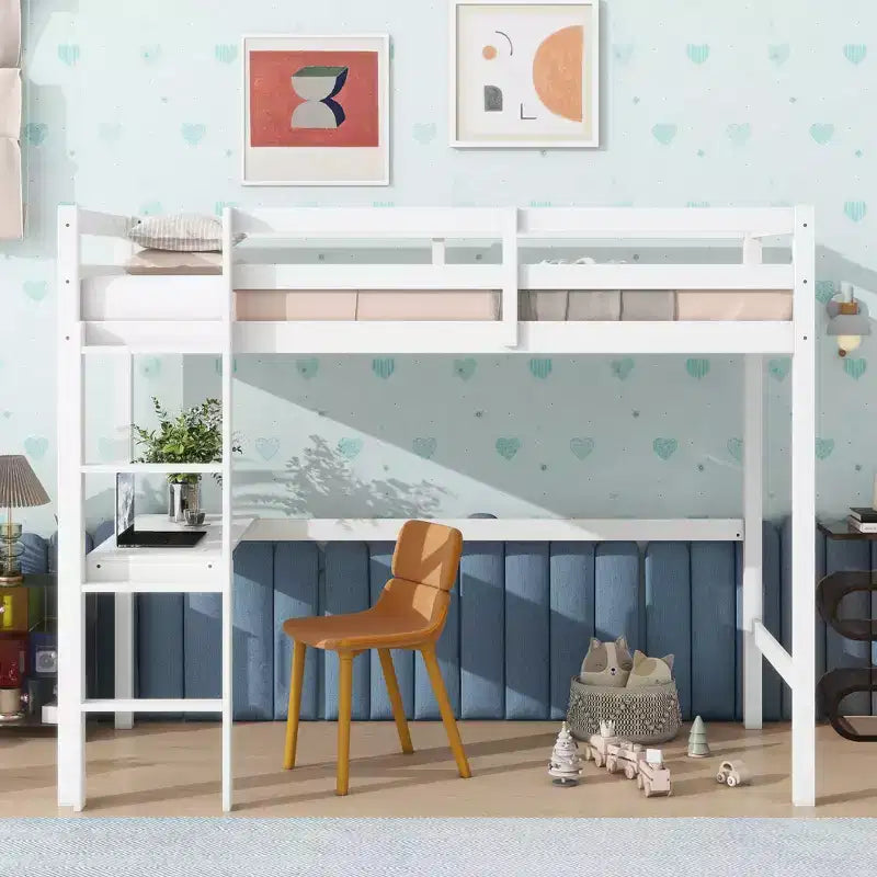 Lit mezzanine minimaliste Okak avec échelle, lit mezzanine pour lit simple en bois d’hévéa avec garde-corps de sécurité et bureau intégré, cadre de lit pour enfants et adolescents