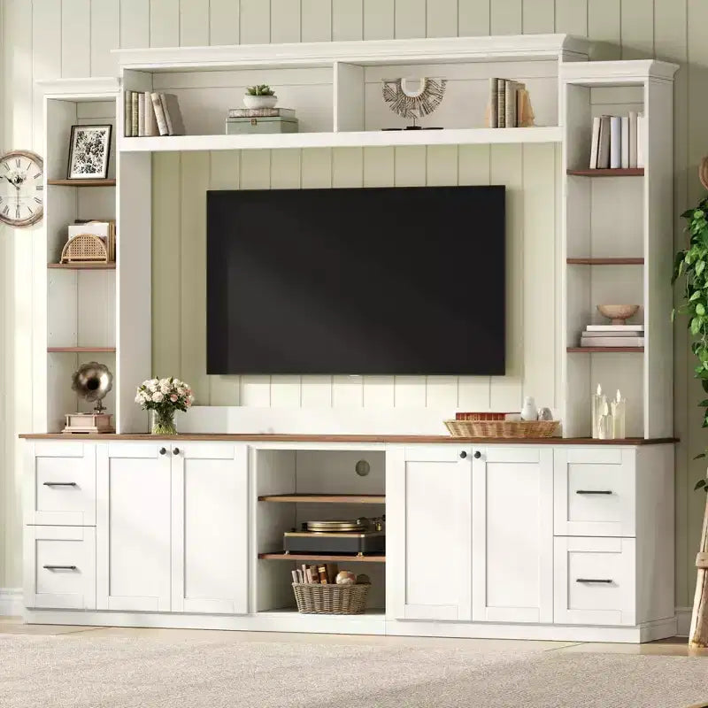 Meuble mural de divertissement de style champêtre ModernLuxe 4 en 1, compatible avec les téléviseurs jusqu'à 70, meuble TV et console multimédia avec étagères réglables et tiroirs