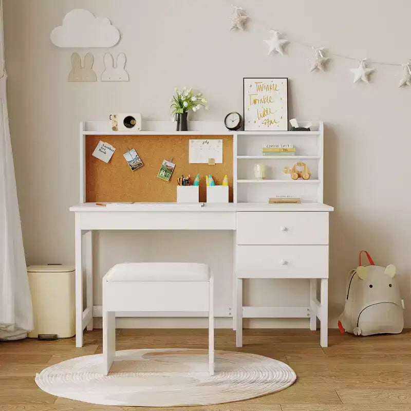 Schreibtisch- und Stuhlset für Kinder, hölzerner Lerntisch mit verstellbarer, neigbarer Tischplatte, Schubladen und Korktafel - Lernschreibtisch-Set für Kinder