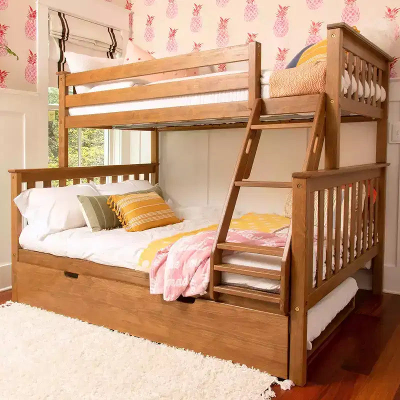 Lit superposé Max & Lily en bois massif, deux places au-dessus d’un lit double, avec lit gigogne de rangement et échelle pour enfants
