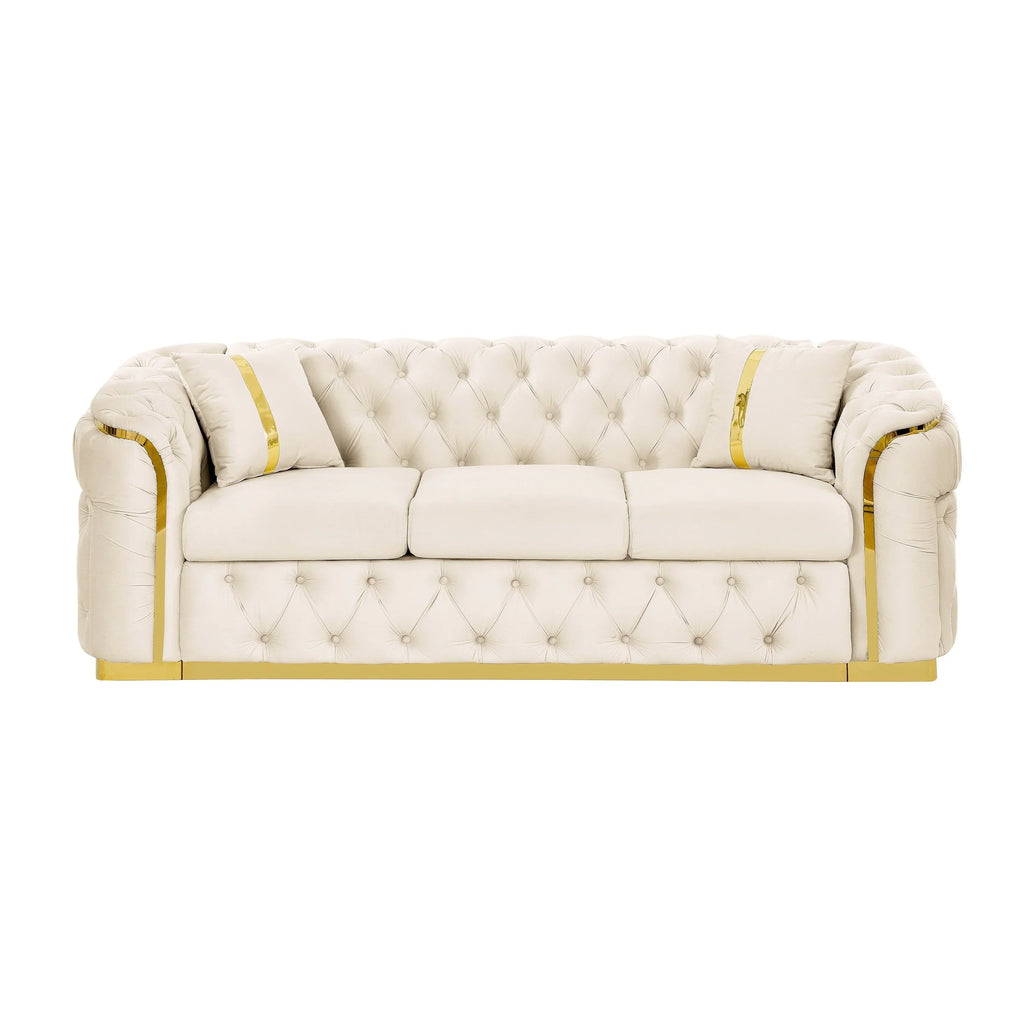 90.6 Velvet 3-Seater Sofa with 2 Pillows High-Density Cushions, Gold Accents, and Pillows