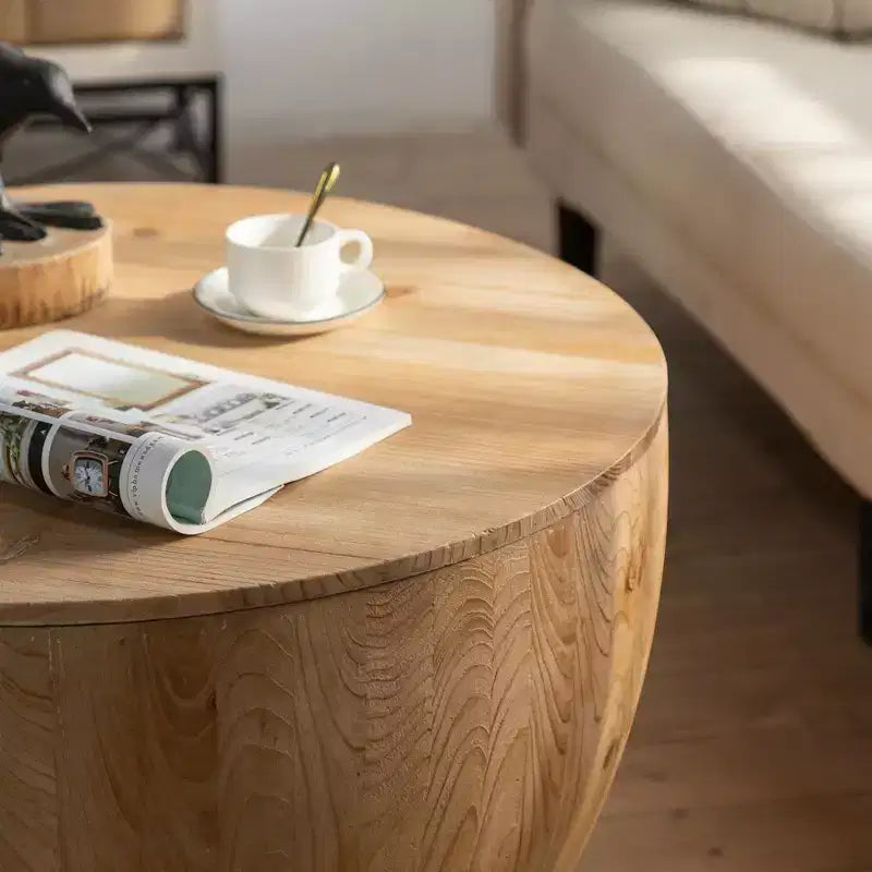 Table basse ronde rétro avec rangement, en bois, adaptée au salon, à la salle à manger ou au bureau.