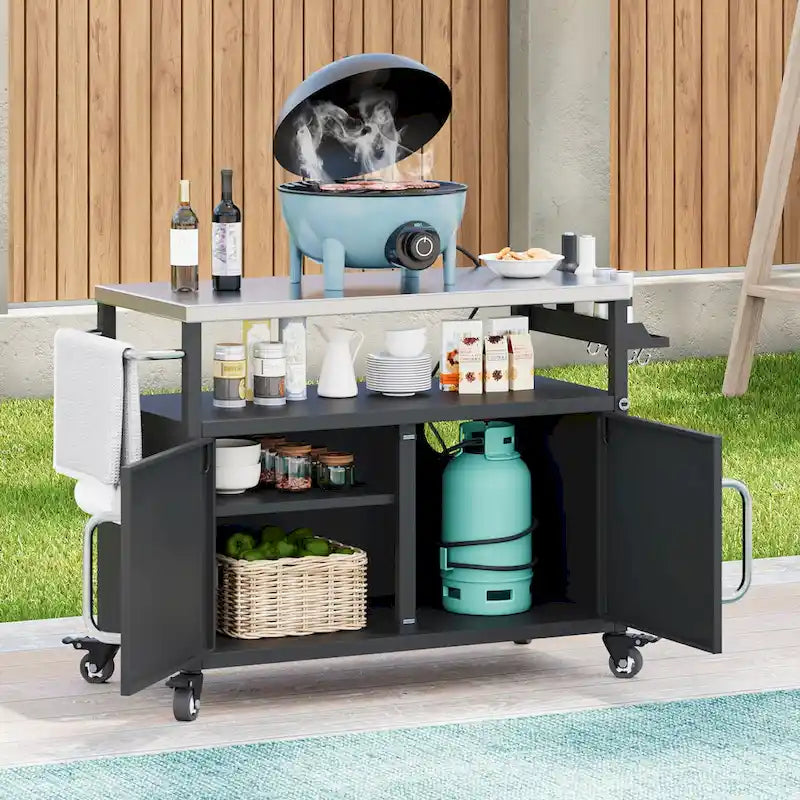 Outdoor-Kücheninsel mit Edelstahl-Tischplatte, Grillwagen aus Metall mit Stauraumschrank - N/A