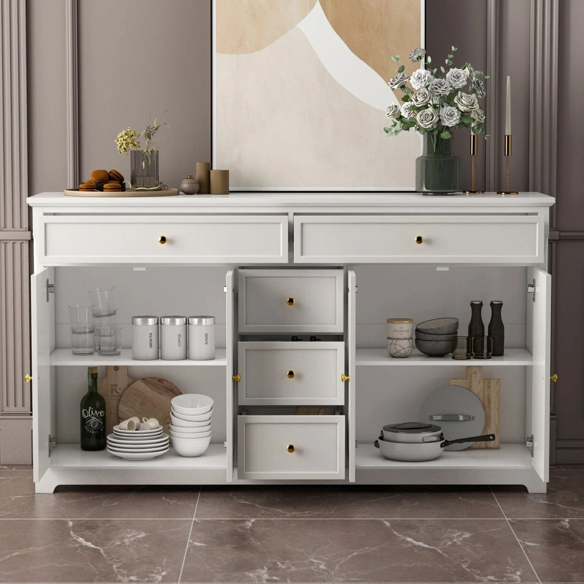 59.1' Sideboard, weiß, Mid-Century-Modern-Stil, zeitgenössisches Design, lackiert