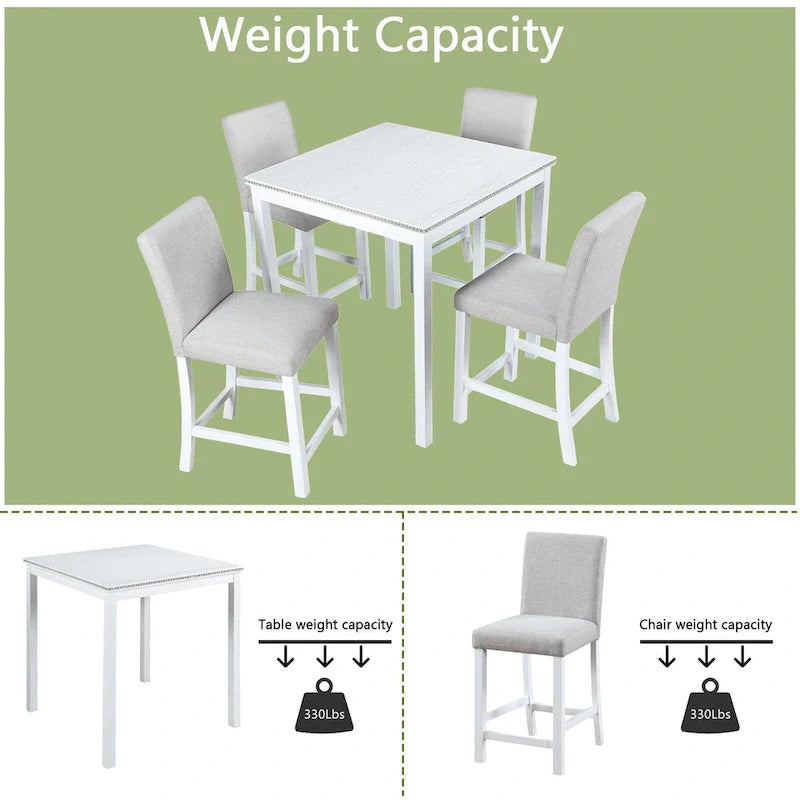Moderne 5-delige eetset met vierkante tafel op aanrechthoogte en 4 gestoffeerde stoelen