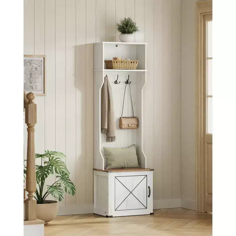 Porte-manteau d’entrée avec banc et rangement pour chaussures, portemanteau avec banc à chaussures, meuble d’entrée, 3 crochets triples, porte avec poignée, blanc rustique