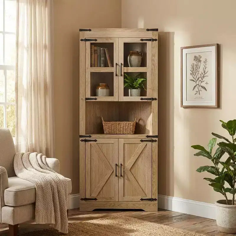69 hoge hoekkast, hoekkast in landelijke stijl, ruimtebesparende opbergruimte, glazen deur, verstelbare planken, voor de woonkamer en keuken