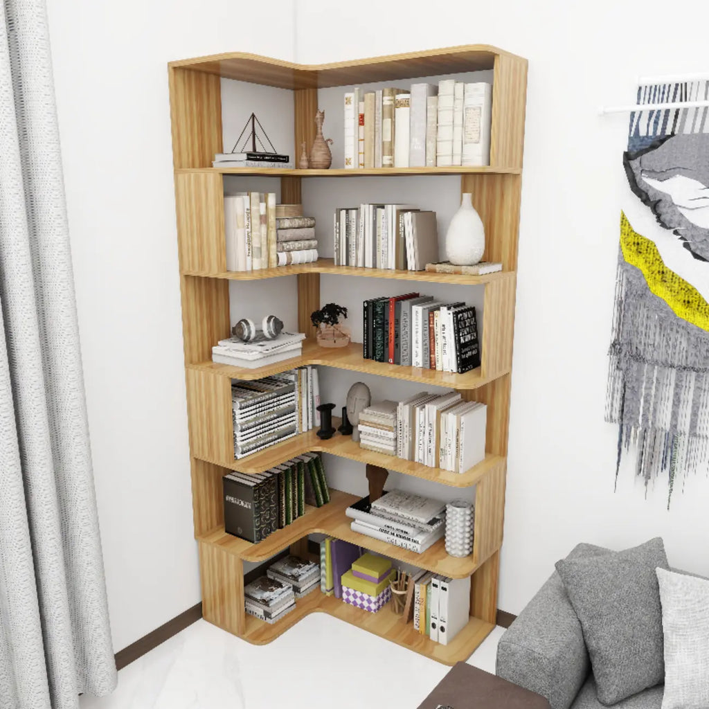 Hoekboekenkast van bewerkt hout met 6 planken
