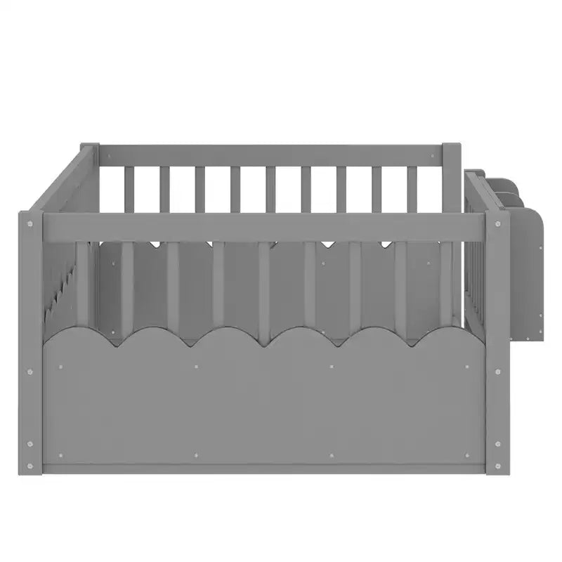 Lit au sol pour enfant Bellemave avec barrières surélevées et bibliothèque, cadre de lit Montessori en bois pour lit simple, pour filles et garçons