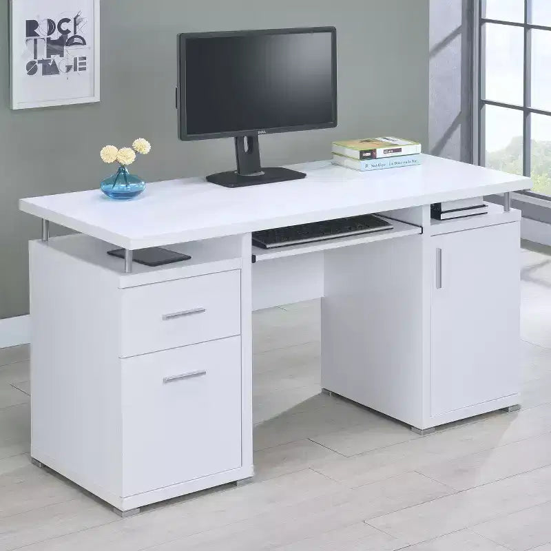 TUYOHW 55 Schreibtisch aus Holz, Computertisch fürs Büro mit 2 Schubladen, 1 Schrankfach, 1 offenem Regalboden und 1 Tür, Arbeitstisch fürs Homeoffice, Arbeitszimmer und kleine Räume
