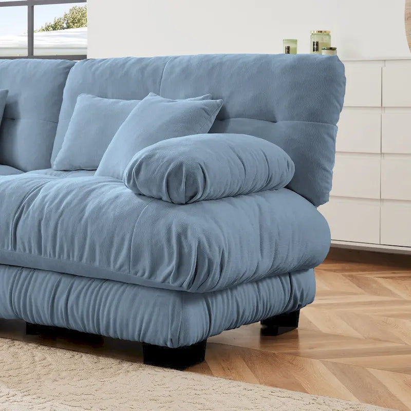 Narożna sofa dwuosobowa w kształcie litery L z tapicerką chenille i poduszkami lędźwiowymi