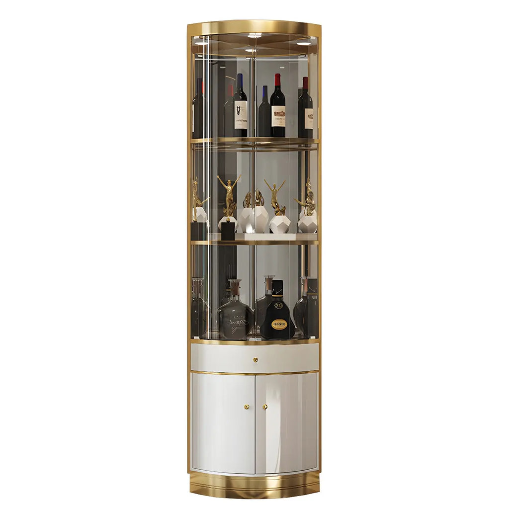 Glamouröser, glänzender Vitrinenschrank aus Glas und goldfarbenem Metall mit abgerundeter Ecke