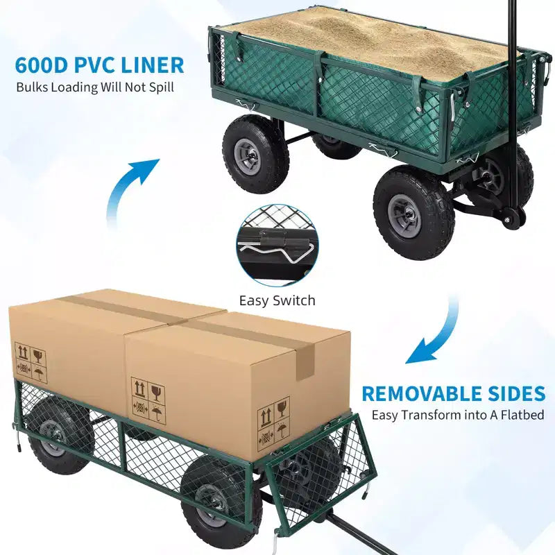 Robuuste stalen tuinkar, 500 lbs, opvouwbare transportkar met afneembare zijkanten van gaas en bekleding, 10 luchtbanden, trekstang