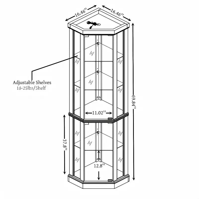 Hoekvitrinekast met glazen deuren en planken, hoekvitrine voor de woonkamer