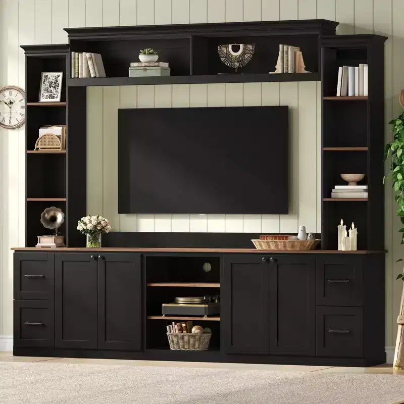 Meuble mural de divertissement de style champêtre ModernLuxe 4 en 1, compatible avec les téléviseurs jusqu'à 70, meuble TV et console multimédia avec étagères réglables et tiroirs