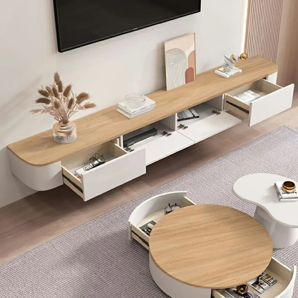 Lange, moderne, witte, zwevende houten tv-kast met laden