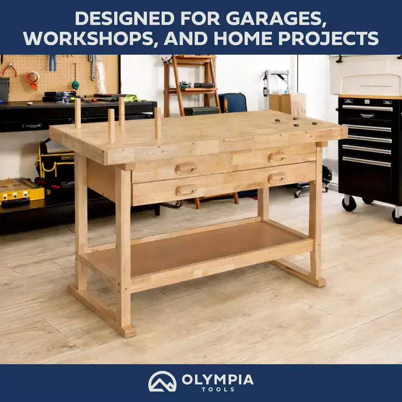 Olympia Tools-werkbank van 60 rubberhout, 4 lades, draagvermogen van 450 lbs