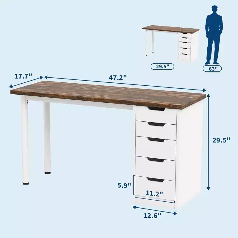 Bureau d’ordinateur de 47 pouces avec 5 tiroirs de rangement, table d’étude et d’écriture réversible au style rustique moderne, poste de travail pour bureau à domicile et petits espaces