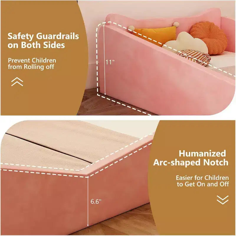 JOYMOR Kleinkinderbett, Bodenbett mit Sicherheitsgitter, Montessori-Kleinkinderbett mit Tierohren, rosa