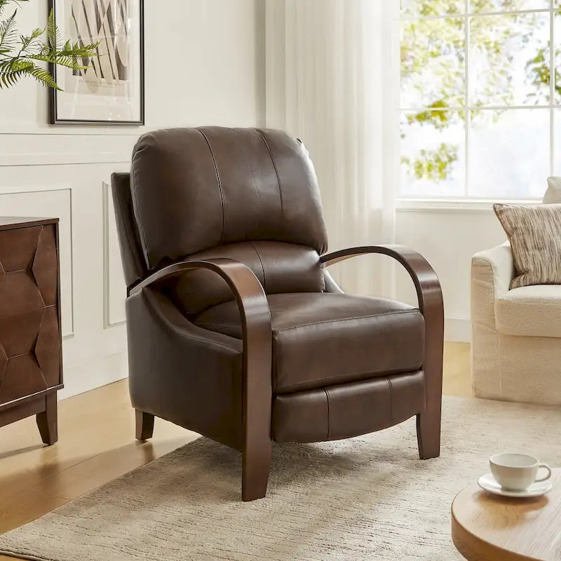 Fauteuil inclinable manuel Alex, style moderne du milieu du siècle, en cuir véritable coloris cigare, avec accoudoirs incurvés en bois