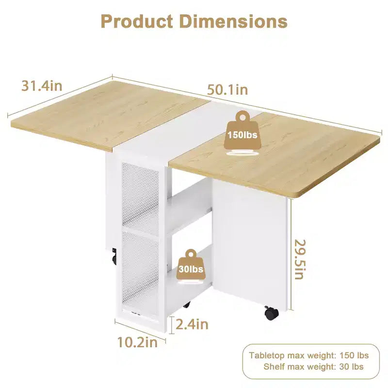 Klapptisch für die Küche, platzsparender Esstisch, ausziehbarer Küchentisch mit Klappplatten und 6 Rollen für kleine Räume