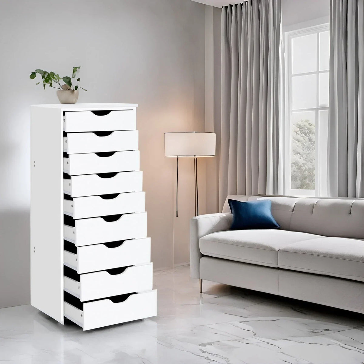 Smalle houten kast met 9 lades, soepel lopende lades en opbergplank bovenop