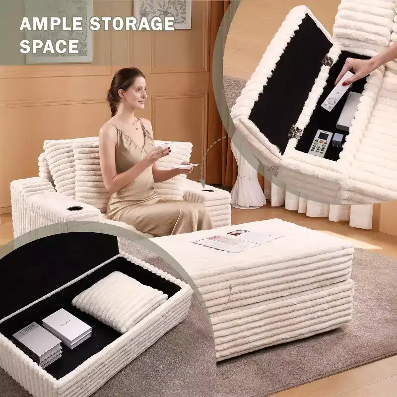 Grande chaise longue d’intérieur avec pouf de rangement, canapé-lit nuage en velours côtelé rembourré avec 3 coussins, fauteuil convertible une place