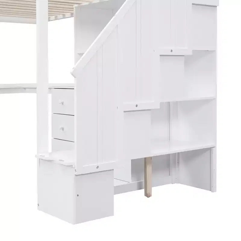 Hochbett in Einzelbettgröße mit L-förmigem Schreibtisch, 3 Schubladen, Schrank und Stauraum in der Treppe, Konstruktion aus massivem Kiefernholz/MDF