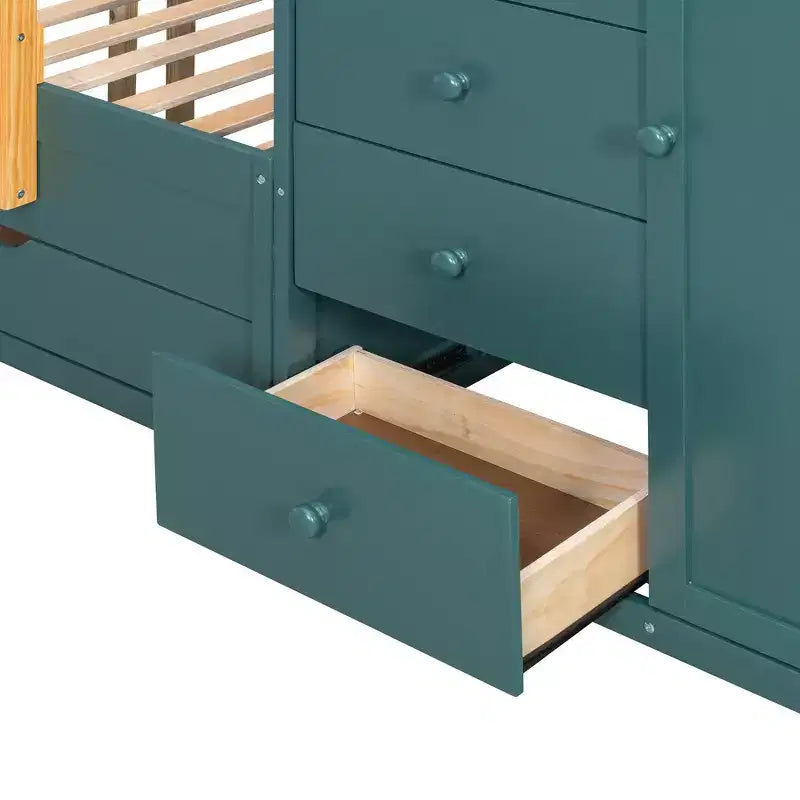 Stapelbed met twee tweepersoonsbedden, opbergkast en laden, houten stapelbed in tweepersoonsformaat met ruimtebesparend ontwerp en veiligheidsreling voor appartement en slaapkamer